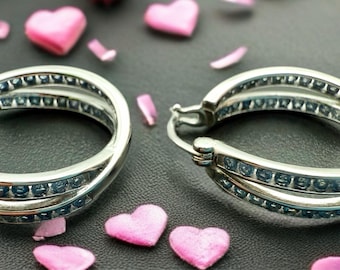 Blue Sapphire Hoop Earrings: Rhodium Plated Sterling Silver, September Birthstone