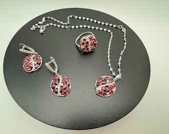 Natural Ruby Jewelry Set: Handmade Necklace, Ring, Earrings & Bracelet