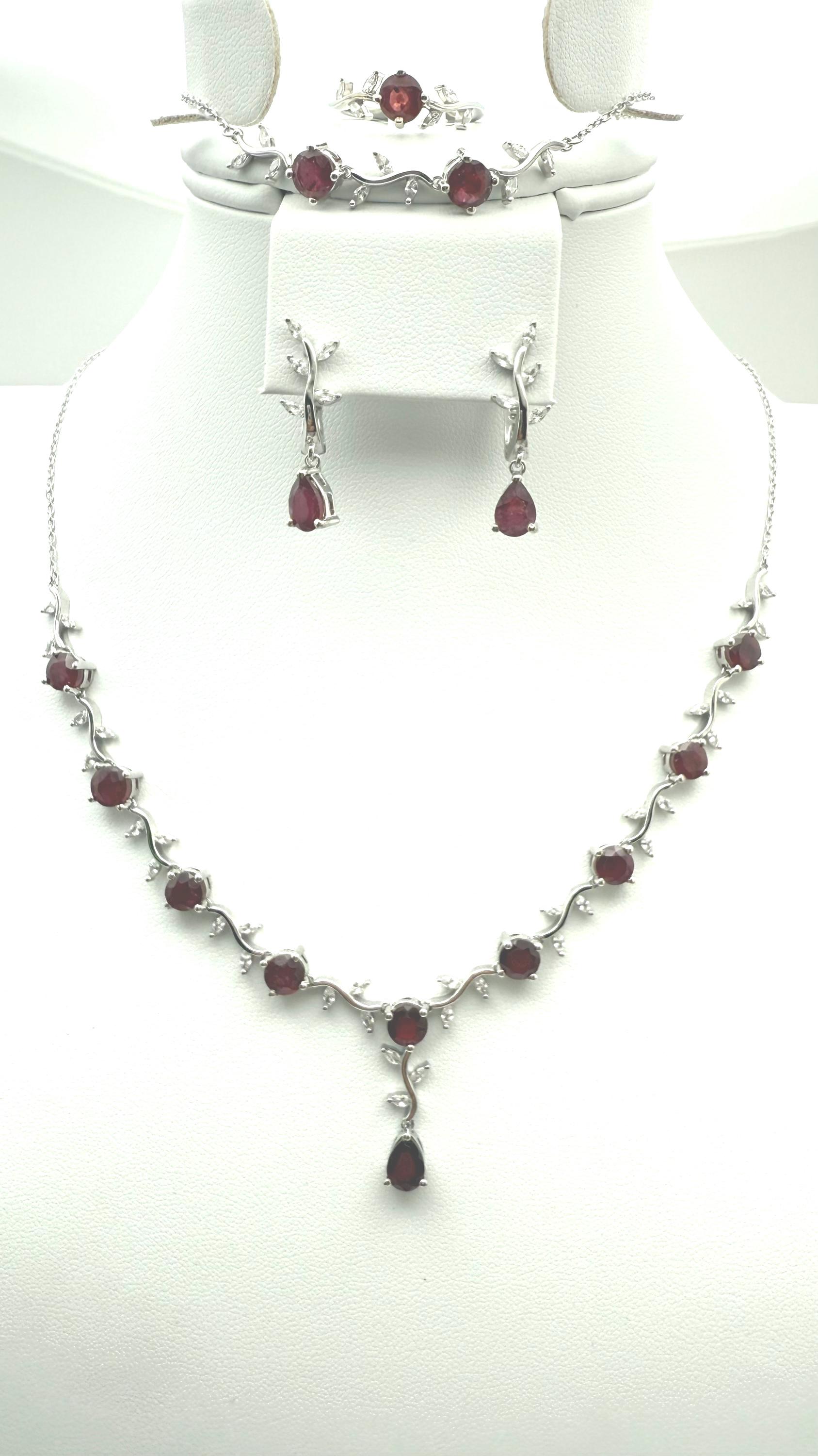 Ruby Jewelry Set: Sterling Silver Necklace, Bracelet, Ring, Earrings