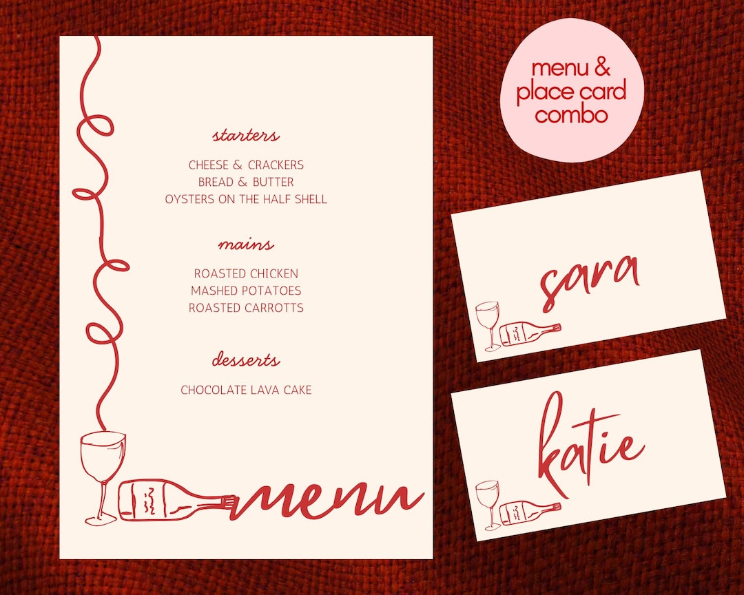 Wine Dinner Menu & Place Card Bundle | Digital Download | Matching Set ...