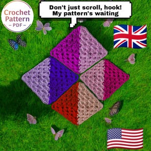 May include: A colorful crochet pattern PDF with text that reads "Don't just scroll, hook! My pattern's waiting." The image features four crocheted squares in shades of purple, red, and tan, with butterflies and flags of the United States and the United Kingdom.