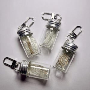 Peut inclure: Quatre petits flacons en verre transparent avec des couvercles à vis argentés et des fermoirs mousquetons en métal. Chaque flacon contient un morceau de mue de serpent texturé, translucide et blanc cassé, visible à travers le verre.