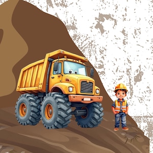Puede incluir: Ilustración de dibujos animados con un gran camión volquete amarillo, un trabajador de la construcción y varios vehículos de construcción más pequeños. El fondo tiene una colina marrón y una superficie texturizada blanquecina.