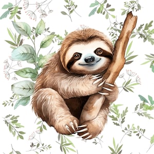 May include: Watercolor illustration of a smiling sloth clinging to a brown branch. The sloth has brown fur, a dark brown mask around its eyes, and long claws. Green leaves and floral elements are scattered around the sloth on a white background.