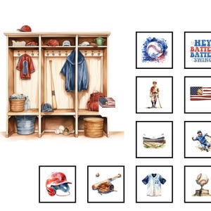 May include: Watercolor illustration of a baseball locker room and nine framed baseball-themed art prints. The locker room features a wooden cabinet with baseball equipment. The art prints include baseballs, players, and the American flag.