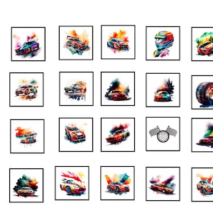 Puede incluir: Una colección de pinturas de acuarela enmarcadas con coches de carreras en acción. Cada obra de arte muestra un diseño de coche diferente con colores vibrantes y pinceladas dinámicas, capturando la velocidad y el movimiento. El conjunto incluye un casco de carreras y un neumático.