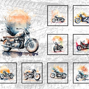 May include: A collection of eight watercolour illustrations of vintage motorcycles in various colours, each framed in a black square. The motorcycles are set against a watercolour background with splashes of colour.