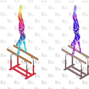 Puede incluir: Dos ilustraciones de un gimnasta haciendo el pino sobre barras paralelas. Un gimnasta es un degradado de colores arcoíris, el otro es morado y azul. Las barras son marrones y los marcos son rojos y marrones.