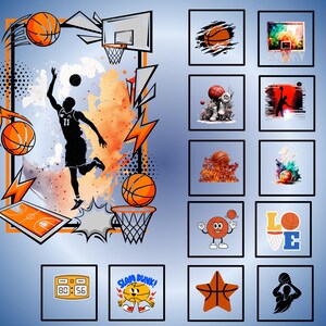 Puede incluir: Una colección de imágenes de clipart digital con temática de baloncesto. Las imágenes incluyen un jugador de baloncesto, balones de baloncesto, canastas de baloncesto y las palabras "Slam Dunk!" en una fuente de estilo cómic.