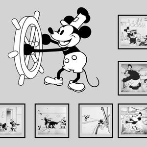 May include: Black and white cartoon art prints featuring Mickey Mouse in various scenes. One print shows Mickey at a ship's wheel, while others depict him in different scenarios. The artwork is framed and set against a gray background.