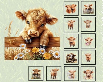 Highland Calf Quilt Panel and Block Combo, Baby Highland Cow,  Highland Cow Wall Hanging, Highland Cow Soft Book, New with No Block Lines