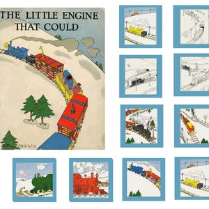 May include: Vintage children's book cover and illustrations featuring a train. The cover reads "The Little Engine That Could" with a blue train pulling red and yellow cars up a snowy hill. Additional illustrations show various train scenes.
