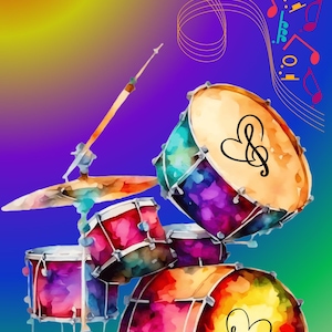 Puede incluir: Una pintura de acuarela de una batería con un diseño abstracto y colorido. Los tambores están decorados con notas musicales y corazones. La batería está instalada en un escenario con un soporte de micrófono en el fondo.
