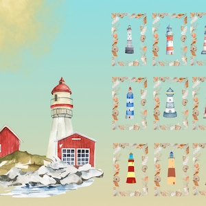 May include: Watercolor illustration featuring a lighthouse with a red roof and matching red building. The image also includes six framed watercolor lighthouse designs with seashell borders, each with unique color schemes.