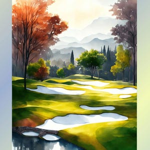 May include: A watercolour painting depicting a golf course with green grass, white sand bunkers, and a small stream. The course is set against a backdrop of rolling hills and trees. The sky is a soft blue with hints of orange and yellow.