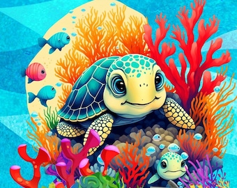 Baby Turtle Quilt Panel & Blocks, Childs Room Wall Art, DIY Fabric Book, Quality Quilt Cotton