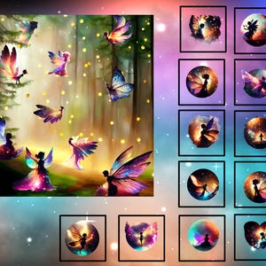 Puede incluir: Una ilustración digital de una escena de bosque caprichosa con hadas volando entre los árboles. Las hadas tienen alas iridiscentes y están rodeadas de luces brillantes. El fondo es un suave y soñador desenfoque de colores.