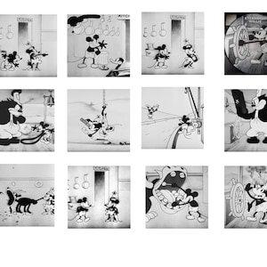 May include: A collection of black and white cartoon panels featuring Mickey Mouse in various scenes. Mickey is depicted playing instruments, cooking, and navigating a ship's wheel. The panels showcase classic animation styles and settings.