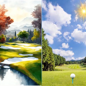May include: Two images of golf courses. The first is a watercolour painting of a golf course with a pond, sand traps, and trees with autumn foliage. The second image is a photograph of a golf course with a golf ball on a tee.