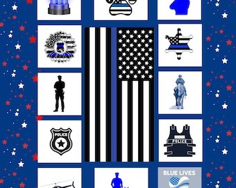 Peut inclure: Un design patriotique avec divers symboles des forces de l'ordre sur un fond bleu avec des étoiles rouges et blanches. Comprend un drapeau américain bleu et blanc, un badge de police et le texte "Blue Lives Matter."