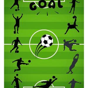 May include: A digital illustration of a soccer field with players in silhouette. A soccer ball is in mid-air, with the word "GOAL" above it. The field is green with white lines.