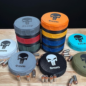 Stackable Ammo Storage Containers - Ammo Capsules - Pistol Ammo Storage - Punisher Logo