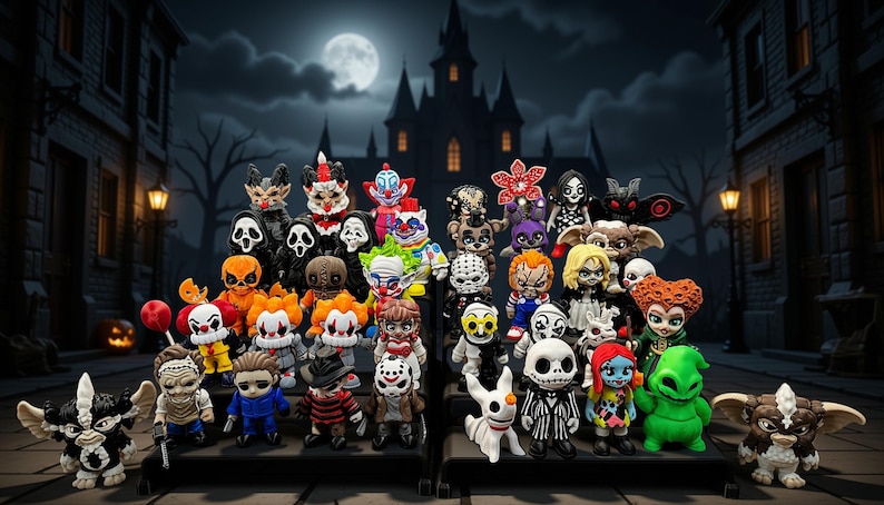 Puede incluir: Una colecci&oacute;n de figuras en miniatura con tem&aacute;tica de terror dispuestas en expositores escalonados. Las figuras incluyen varios personajes ic&oacute;nicos de pel&iacute;culas de terror, con pintura detallada y trajes reconocibles.