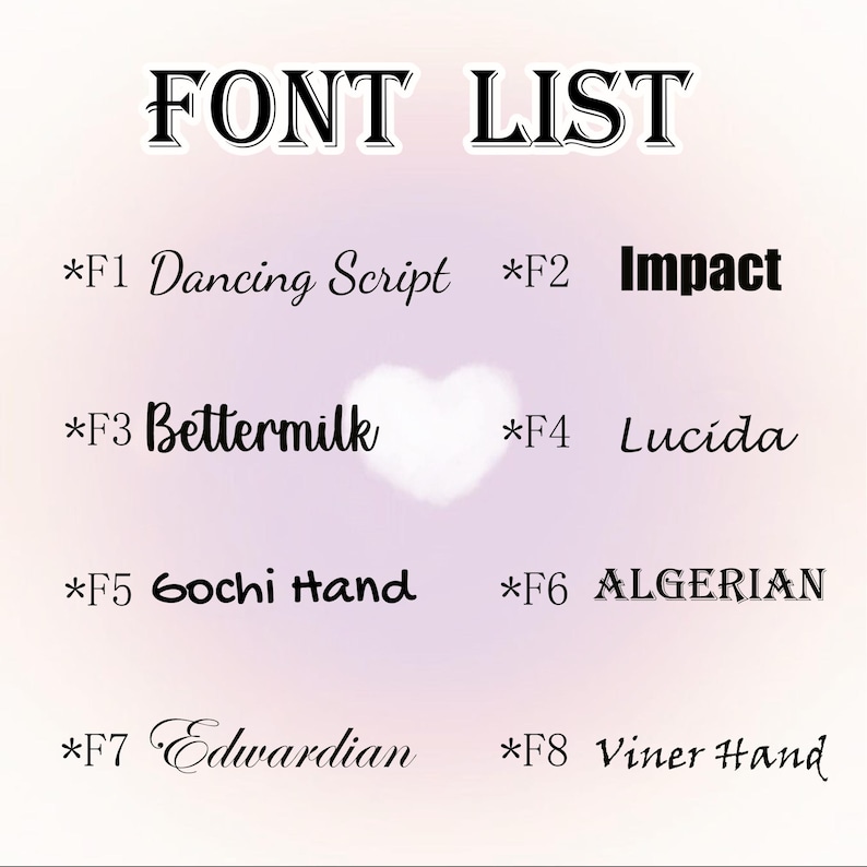 Op de afbeelding: Een lettertypenlijst op een zachtroze achtergrond. De tekst "FONT LIST" staat bovenaan. Daaronder staan lettertypenamen zoals "Dancing Script", "Impact", "Bettermilk", "Lucida", "Gochi Hand", "ALGERIAN", "Edwardian" en "Viner Hand".