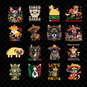 Cinco de Mayo Dog PNG Bundle, Funny Fiesta Pet Sublimation Design, Taco Dog Mexican Party Design, Chihuahua Bulldog Digital Download