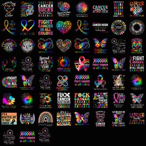 Puede incluir: Una colección de diseños gráficos coloridos con texto relacionado con la concienciación sobre el cáncer. Los diseños incluyen lazos, mariposas, flores y frases como "Fight Cancer in All Colors" y "Cancer Sucks."