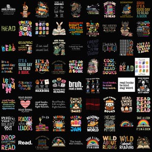 Puede incluir: Una colección de diseños de camisetas gráficas negras con temas relacionados con los libros. Los diseños presentan frases como "Leer", "Cool Kids Read Books" y "Leer es mi deporte favorito". Las camisetas están decoradas con imágenes de libros, animales y citas.