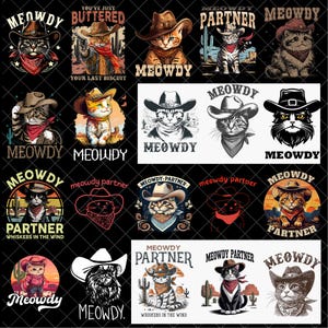 Puede incluir: Una colección de ilustraciones de gatos vaqueros con la palabra "MEOWDY" en varias fuentes. Algunos diseños incluyen el texto "PARTNER" y "WHISKERS IN THE WIND". Los gatos llevan sombreros de vaquero y pañuelos, con fondos desérticos.