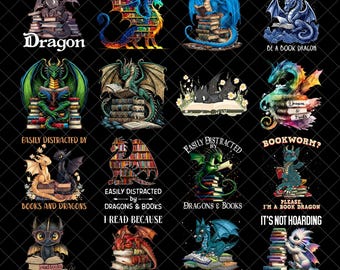 Book Dragon PNG Bundle, Fantasy Dragon Reading Clipart, Book Lover Gift PNG, Dragons and Books Shirt Design, Nerd Reader Clipart
