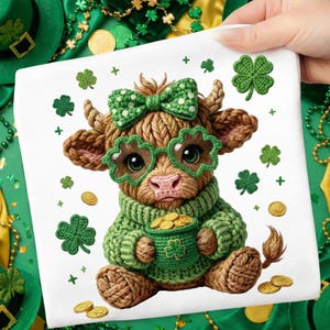 May include: A white square featuring a cartoon cow with a green bow, glasses, and sweater, holding a pot of gold coins. The cow is surrounded by green shamrocks and gold coins, celebrating St. Patrick's Day.