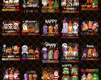 May include: A collection of graphic designs featuring a variety of holiday-themed illustrations. The designs include Halloween and Thanksgiving elements, such as pumpkins, cats, gnomes, and festive text that reads "Happy Hallothanksmas."