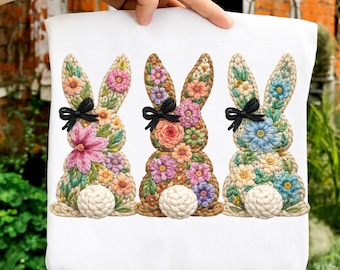 Coelhinho da Páscoa de crochê com fios sintéticos e estampa floral PNG, Coelho da Páscoa de crochê com gancho PNG, Páscoa floral de primavera PNG, Camiseta infantil feminina com laço para a Páscoa PNG