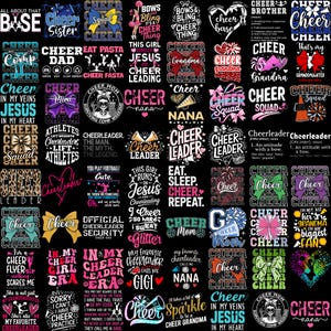 Puede incluir: Una colección de diseños con temática de porristas sobre un fondo negro. Los diseños presentan frases como "Cheer Leader", "Cheer Mom" y "Cheer Squad", junto con lazos, corazones y estrellas. La paleta de colores incluye rosa, azul, verde y amarillo.