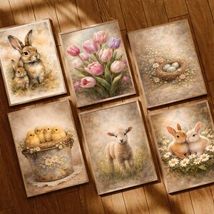 May include: Six framed art prints with a rustic aesthetic. The prints depict spring and Easter themes, including bunnies, tulips, chicks, a lamb, and a nest with eggs. The color palette is soft, with muted tones of brown, beige, pink, and green.