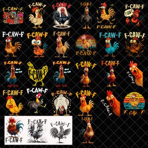 May include: A collection of cartoon rooster illustrations in various poses and colors, set against a black background. Each rooster design includes the text "F-CAW-F" in a bold font, creating a playful and eye-catching design.