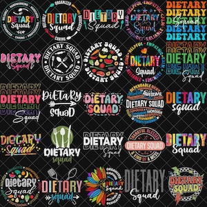 Puede incluir: Una colección de diseños gráficos coloridos de "Dietary Squad" sobre un fondo negro. Los diseños presentan texto, cubiertos e ilustraciones de frutas y verduras. Algunos diseños son circulares, otros rectangulares.