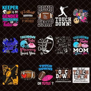May include: A collection of football-themed designs with text and graphics. Designs include footballs, helmets, tutus, and phrases like "Touchdown," "Game Day," and "Mommy Loves You." The color palette includes blue, pink, and brown.