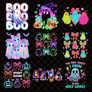 Puede incluir: Una colección de gráficos con temática de Halloween con fantasmas, lazos, calabazas y murciélagos en colores neón vibrantes. Algunos diseños incluyen texto como "BOO", "Spooky Season" y "The only ghost I know is the Holy Ghost."