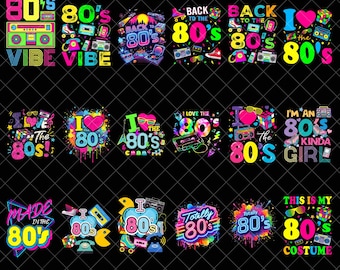 80-tals retro PNG-paket, jag älskar 80-talet PNG, tillbaka till 80-talet PNG, neon 1980-tals PNG, rolig 80-talskostym PNG, helt 80-talsfest PNG-designer