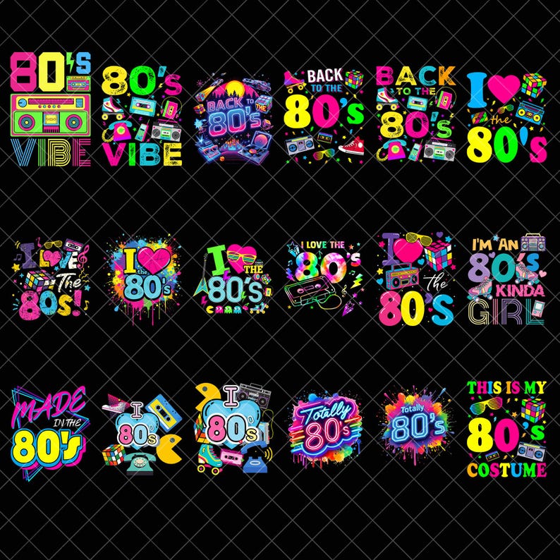 Puede incluir: Una colecci&oacute;n de dise&ntilde;os gr&aacute;ficos coloridos con tem&aacute;tica de los a&ntilde;os 80. Los dise&ntilde;os presentan textos como "80's Vibe", "Back to the 80's" e "I love the 80's". Los dise&ntilde;os incluyen im&aacute;genes de radiocasetes, cintas de cassette y otros art&iacute;culos retro.