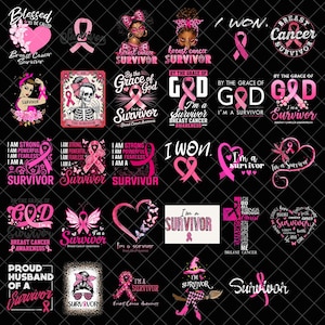 May include: A selection of pink and white graphics on a black backdrop, with text and symbols linked to breast cancer awareness. Designs include ribbons, hearts, and the words "Survivor" and "I Won."