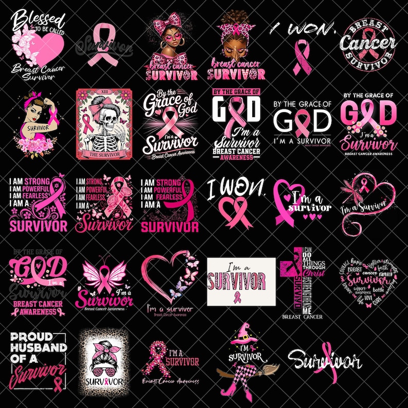 May include: A selection of pink and white graphics on a black backdrop, with text and symbols linked to breast cancer awareness. Designs include ribbons, hearts, and the words "Survivor" and "I Won."