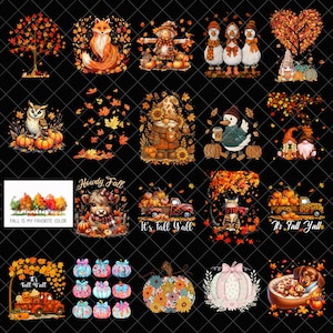 Puede incluir: Una colección de diseños digitales con temática otoñal que presentan calabazas, hojas y criaturas del bosque. Los diseños incluyen un zorro, un búho, un espantapájaros y texto que dice "Howdy Fall" y "It's Fall Y'all". La paleta de colores está dominada por el naranja, el marrón y el rojo.