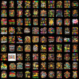 May include: A collection of colorful Fiesta-themed designs on a black background. The designs include sombreros, guitars, avocados, and the words "Fiesta," "Squad," and "Let's Fiesta." The designs are in various styles, with bright colors.