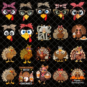 Puede incluir: Una colección de diseños digitales con temática de Acción de Gracias que presentan pavos de dibujos animados con varios accesorios como gafas, lazos y diademas. Algunos pavos sostienen tazas de café o pastel, y se incluye la frase "Thanksgiving with my Gnomies".