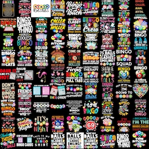 Puede incluir: Una colección de diseños con temática de bingo en camisetas y tarjetas. Los diseños presentan frases como "Bingo Buddies", "Bingo Night" e "I Love Bingo", con texto e imágenes coloridas.